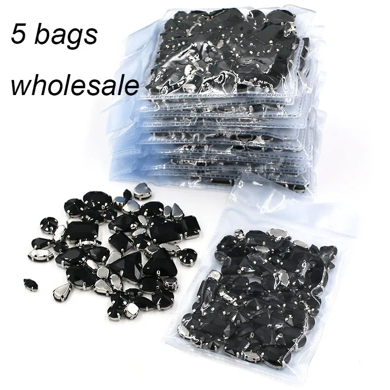 Hot Sale  Wholesale 5 bags mixed shape silver base sew on glass crystal Black rhinestones for clothing/wedding dress