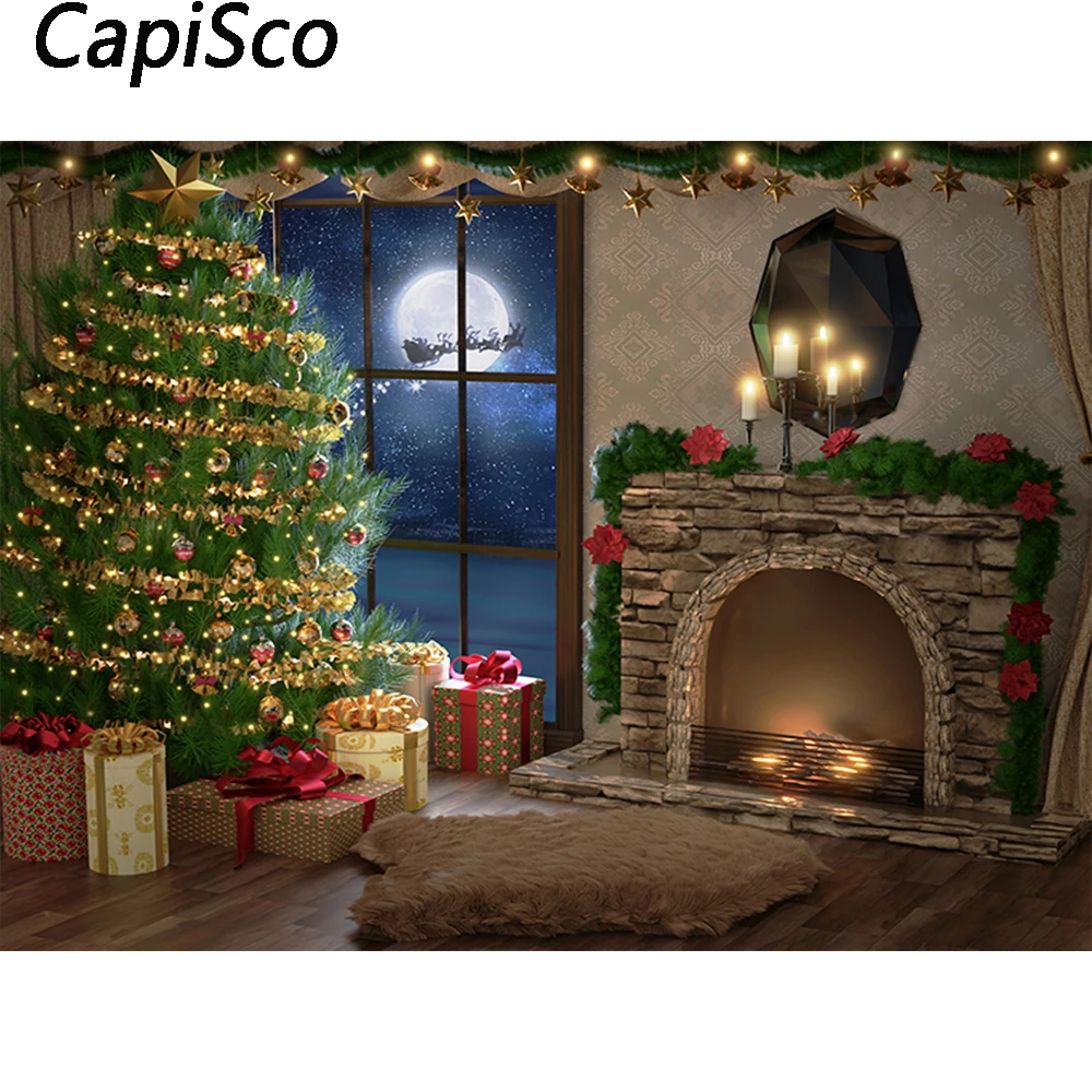 Capisco Christmas Trees Photography Backdrop Santa Claus Fireplace Toy Gift Child Family Decor Background Photo Studio Props