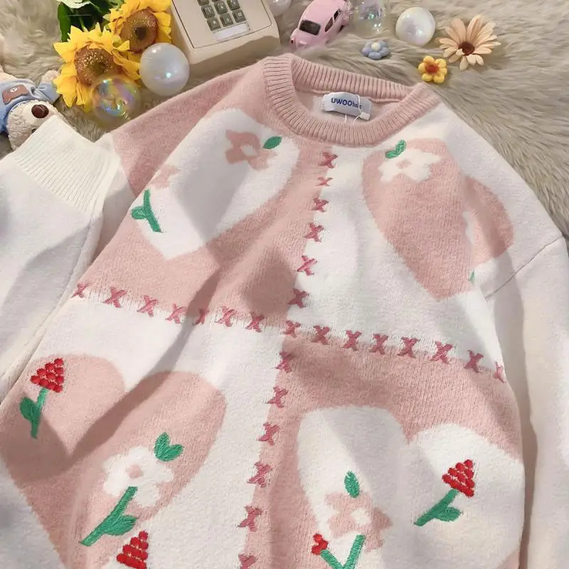 New Sweet Casual Pink Spring Autumn Women Sweaters Harajuku Embroidery Peach Heart Flowers Loose Knit Shirt Female Pullover 2021