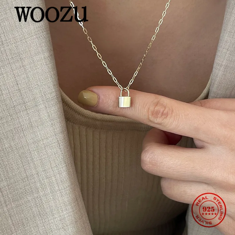 

WOOZU 925 Sterling Silver 14k Gold Plated Punk Goth Mini Small Lock Pendant Link Chain Necklace For Women Hip Hop Party Jewelry