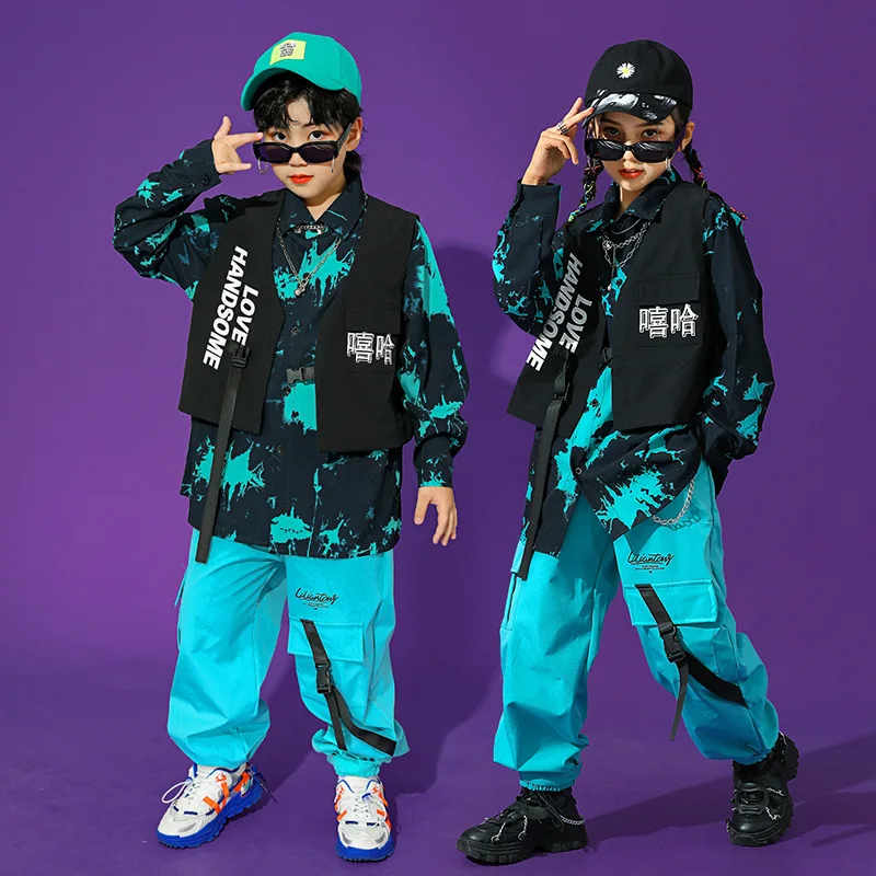 

Kid Kpop Hip Hop Clothing Print Shirt Top Sleeveless Jacket Streetwear Tactical Cargo Pants for Girl Boy Dance Costume Clothes