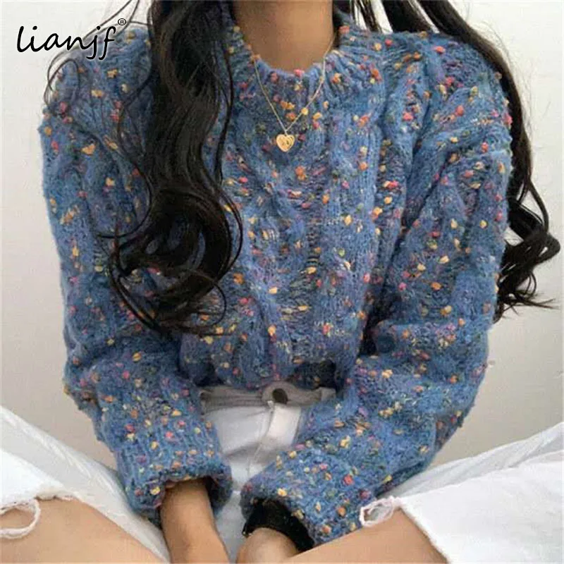 

Casual Korean O Neck Sweater Women Print Vintage Sweet Sweater Loose Long Sleeve Chic Streetwear Autumn Sweater Women's Clothing