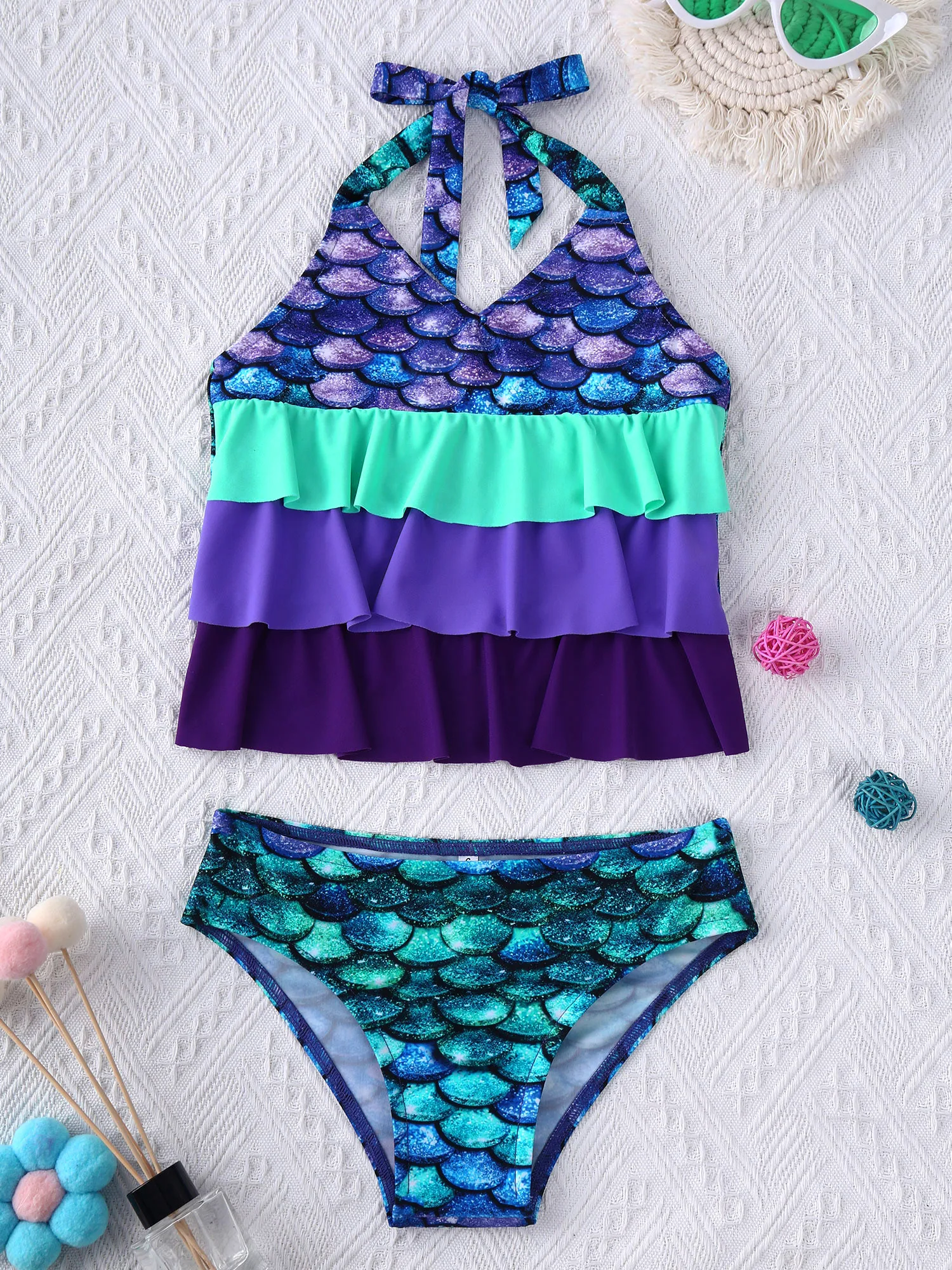 TiaoBug-traje de baño de sirena para niños y niñas, conjunto de Top y bragas con estampado de escamas de pescado, sin mangas, cuello Halter y volantes en capas, 2 piezas