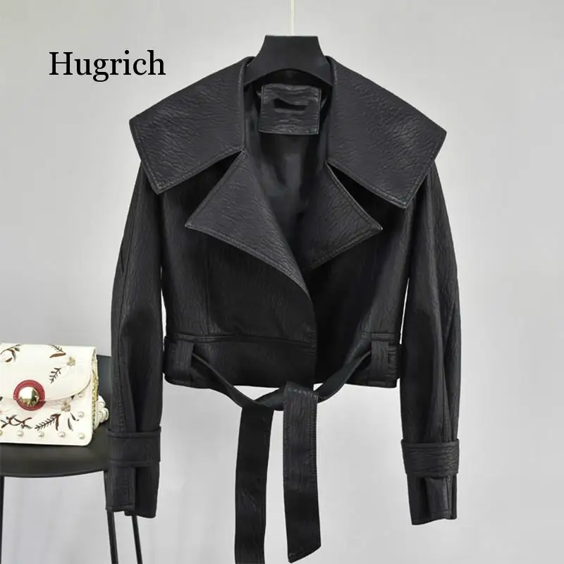 Autumn Women Pu Leather Jackets Short Coat Turndown Collar Belt Lace-Up Motorcycle Black Punk Red Overcoat Female Outwear