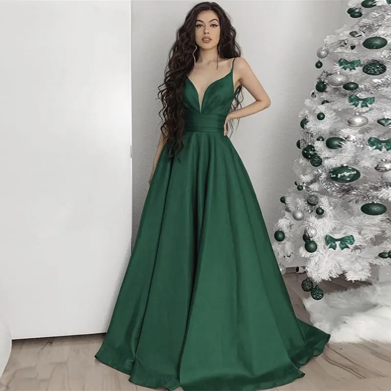 New Style Satin Deep V-neck Prom Dresses Spaghetti Straps Evening Party Dress Vestidos De Fiesta Vestido De Fiesta De Boda