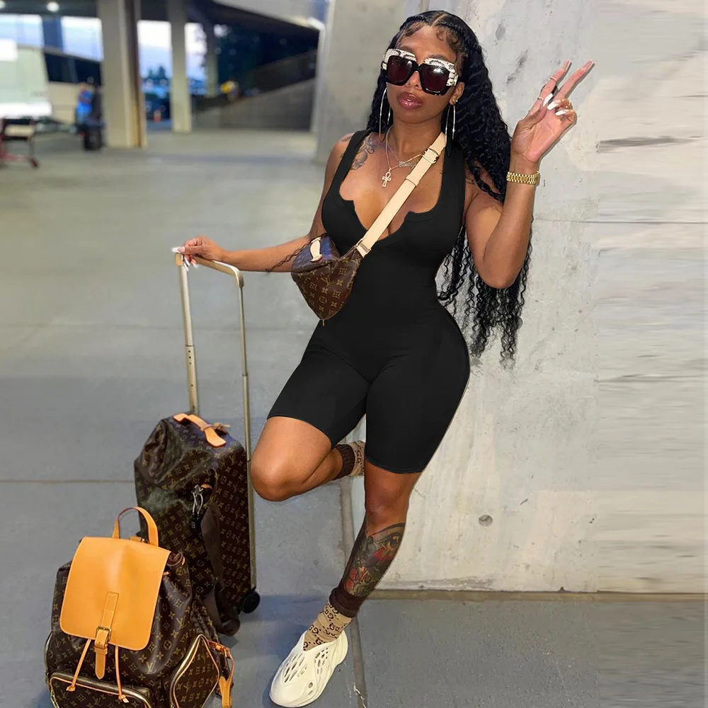 

Fitness Yoga Sportwear Playsuit Solid Short Sleeve V Neck Workout Short Jumpsuit Women Outfit Summer Active Rompers Overalls