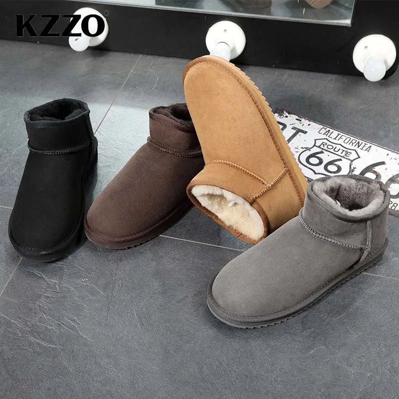 KZZO 100% Genuine Leather Men Snow Boots Natural Wool Lined Winter Warm Australian Classic Mini Short Casual Boots Grey 38-47