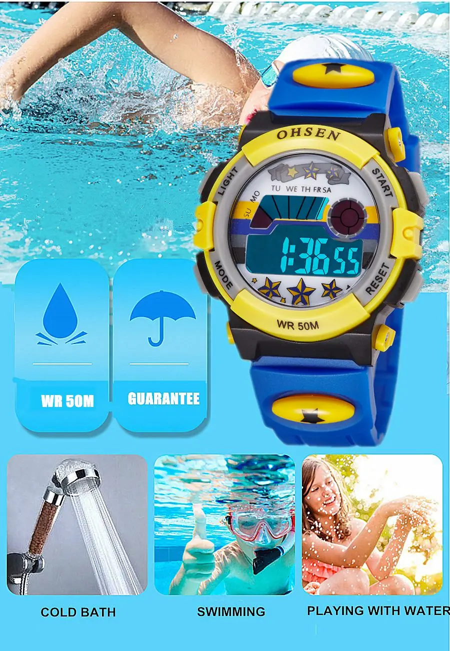 OHSEN Digital Kids Watches for Girls Boys 50M Waterproof Rose Red Led Electronic Children Sport Watch Stopwatch Cartoon Clock