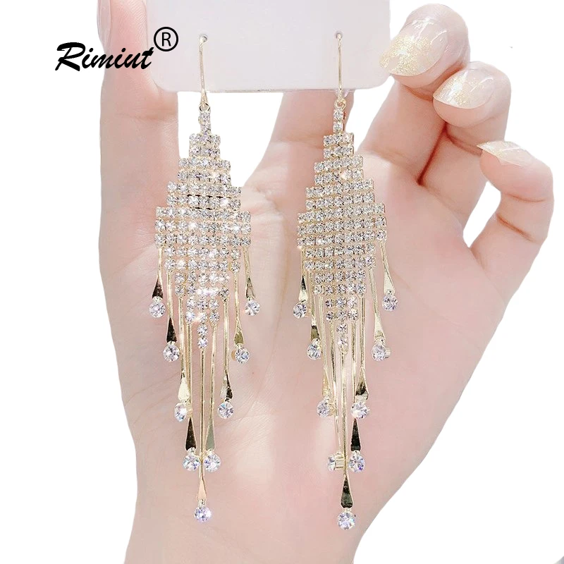 Rimiut Fashion Women Clear Rhinestone Long Tassel Earrings 925 Silver Needle Luxury Lady Party shinning Drop Earring