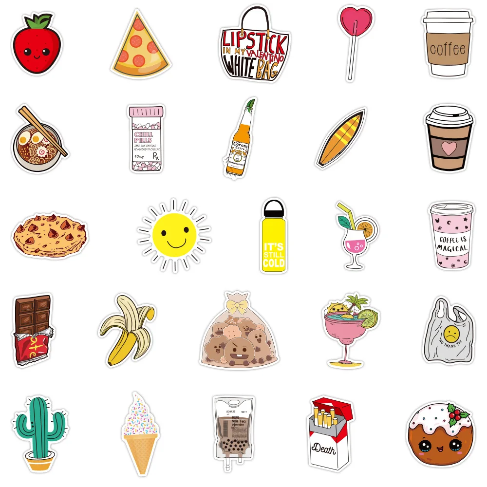 10/50/100PCS Cute Food Cartoon Stickers Aesthetic Laptop Phone Water Bottle Bike Travel Luggage Graffiti Decal Kid Sticker Toy