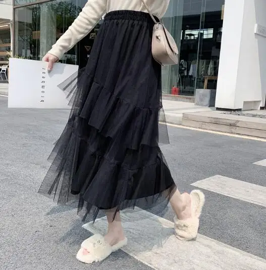 Skirt 2022 autumn and winter new irregular mesh mid-length fairy skirt A-line skirt velvet skirt