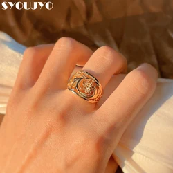Classic Hot Fashion Unique Women's Rings Hollow Vintage 585 Rose Gold Carving Pattern Bohemian Wedding Luxury Fine Jewelry