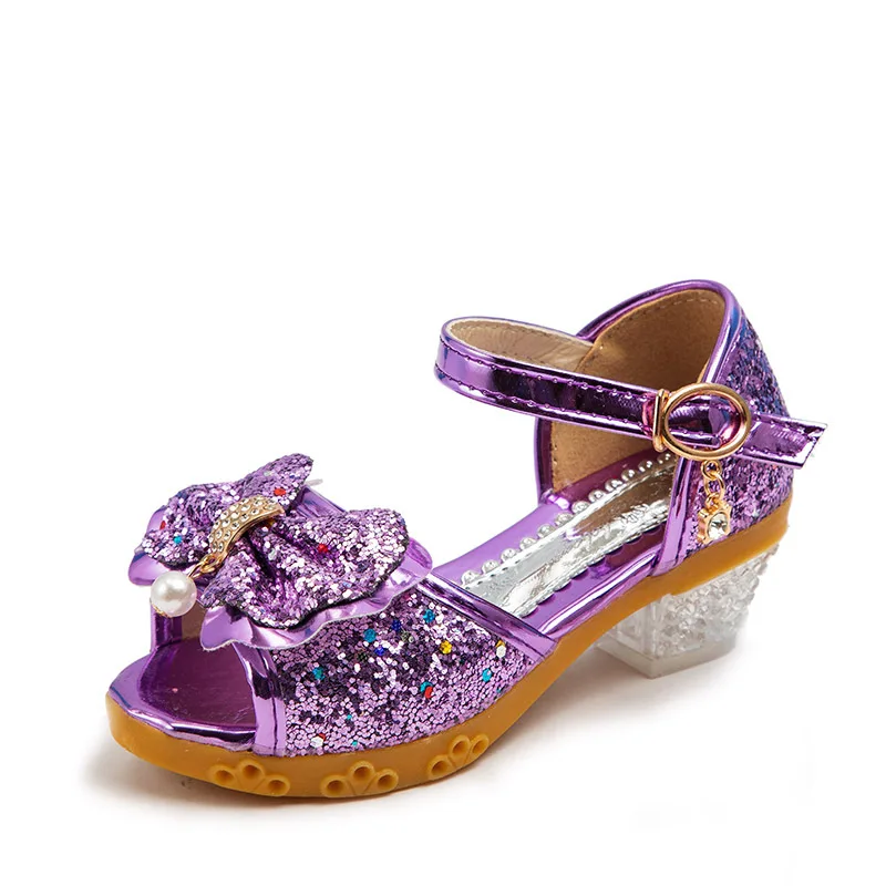 Chaussures pour enfants à talons hauts pour filles, chaussures d'automne décontractées à paillettes avec nœud papillon, sandales de fête de danse de princesse à la mode, nouvelle collection 2020