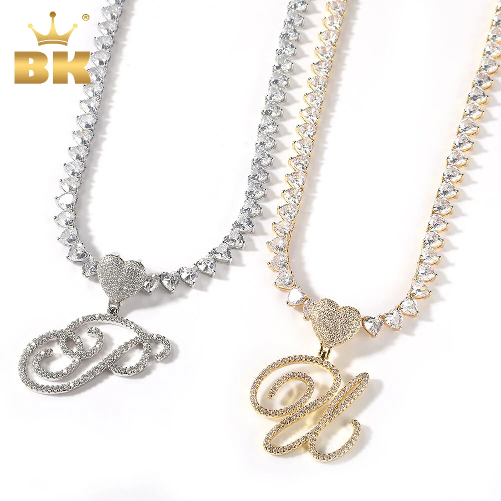 THE BLING KING Cursive Letter A-Z Heart Clasp With 7mm Vintage Heart Tennis Chain Iced Out CZ Charm Necklace Hiphop Jewelry