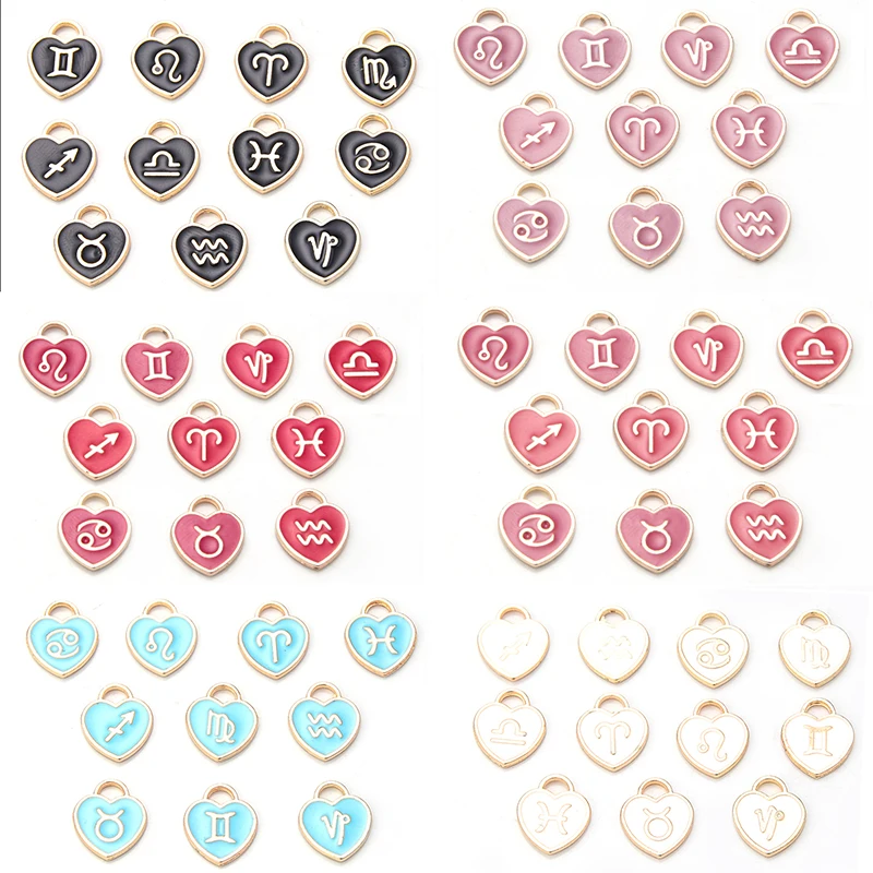 12 PCS/Lot 14x11.5mm 12 Constellation Charms Pendant Heart Enamel Charms Bracelet For Jewelry Making Handmade Craft  Accessories