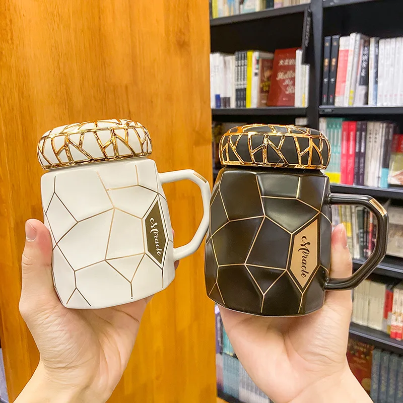 

520ml Diamond Pattern Nordic Large-Capacity Gold Wire Ceramic Cup Sealed Leak-Proof Personality Couple Cup Men's Office Mug