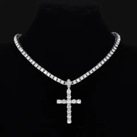 Men Women Hip Hop Cross Pendant Necklace With 4mm Zircon Tennis Chain Iced Out Exquisite Bling Jewelry Fashion Trendy Creative