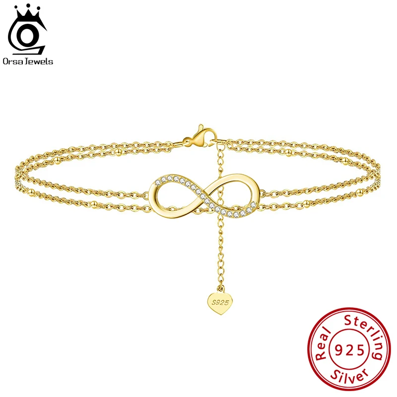 

ORSA JEWELS 925 Sterling Silver Fashion Layered Infinity & Satellite Chain Anklet 20+5cm Extension Jewelry For Woman Gift SA16