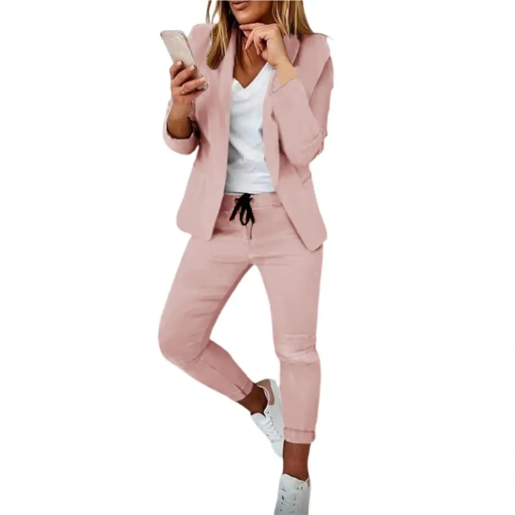 Ladies 1 Set Attractive Open Stitch Blazer Elastic Waist Trousers Autumn Winter Formal Suit Set Long Sleeve   for Office