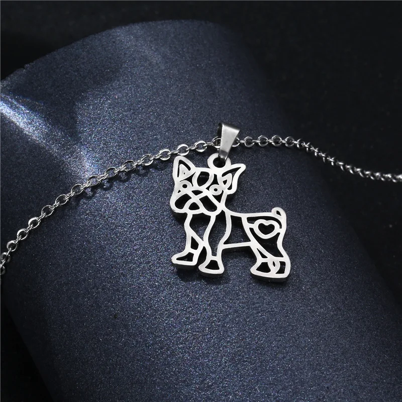 Stainless Steel Hollow French Bulldog Necklace For Kids Girl Kitty Dog Pendant Engagement Party Gift Pet Lover Statement Jewelry