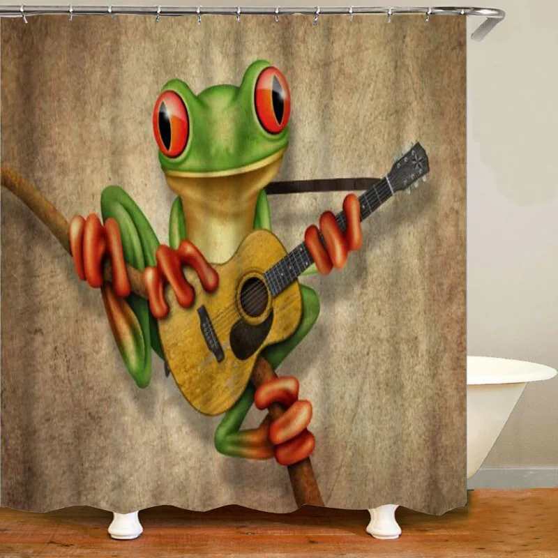 Cute Tree Frog Playing Guitar Shower Curtain Set 3D Frog Animal Musician Bath Curtains Mat for Bathroom Bathtub Music Home Decor