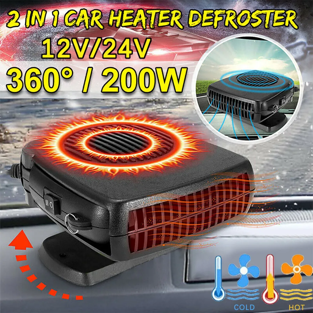 12/24V 200W Portable Auto Car Heater Defroster Demister Electric Heater Windshield 360 Degree Rotation ABS Heating Cooling Fan