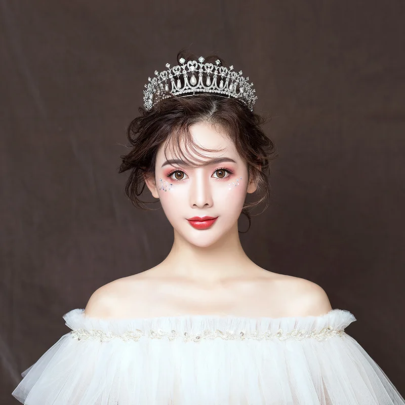 Baroque Crystal Pearl Bridal Tiaras Diana Crown Rhinestone Pageant Diadem Bride Headband Wedding Hair Accessories Tiara De Noiva