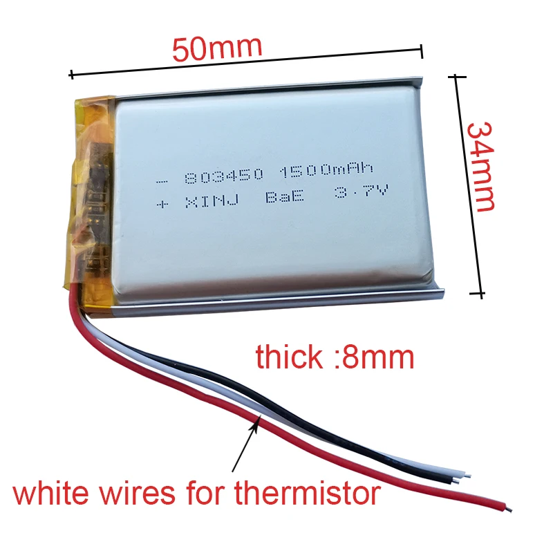 3.7V 1500mAh 5.55Wh 3-Wires Thermistor Rechargeable Li Lithium Battery 803450 3pin 1.5/ 2.0/ 2.54mm For DashCam GPS Tablet PC