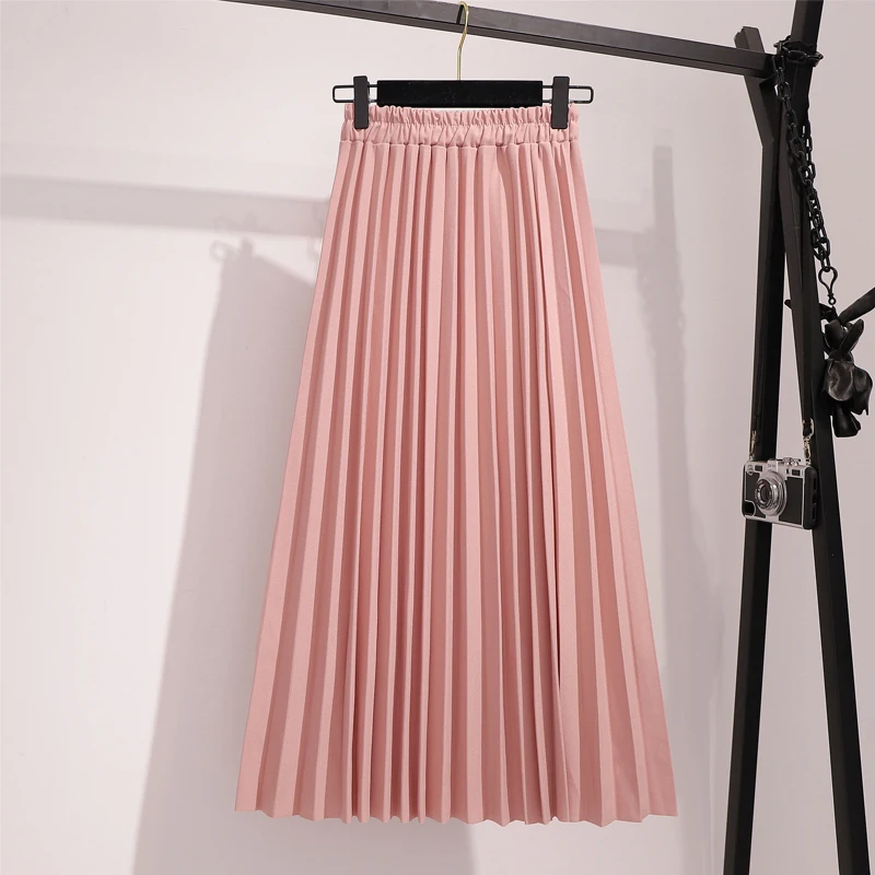 New 2020 Spring Pleated Skirt Women Casual Solid Korean Elastic High Waist Midi Skirts Womens Pink Black Skirt