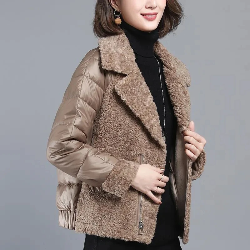 Veste courte en coton patchwork de laine d'agneau pour femmes, parkas rembourrées à fermeture éclair mince, vêtements d'optique féminins, manteau d'hiver élégant