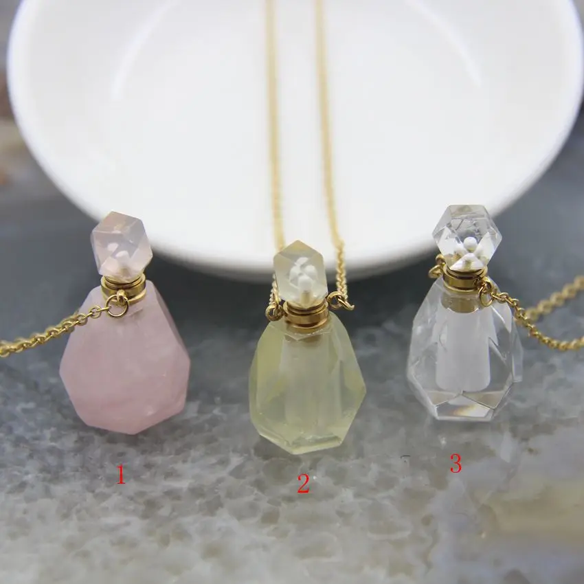 Amethysts/Amazonite/Tiger Eye/Agates/Labradorite Faceted Perfume Bottle Pendants Necklace,Gemstone Essential Oil Diffuser Vial