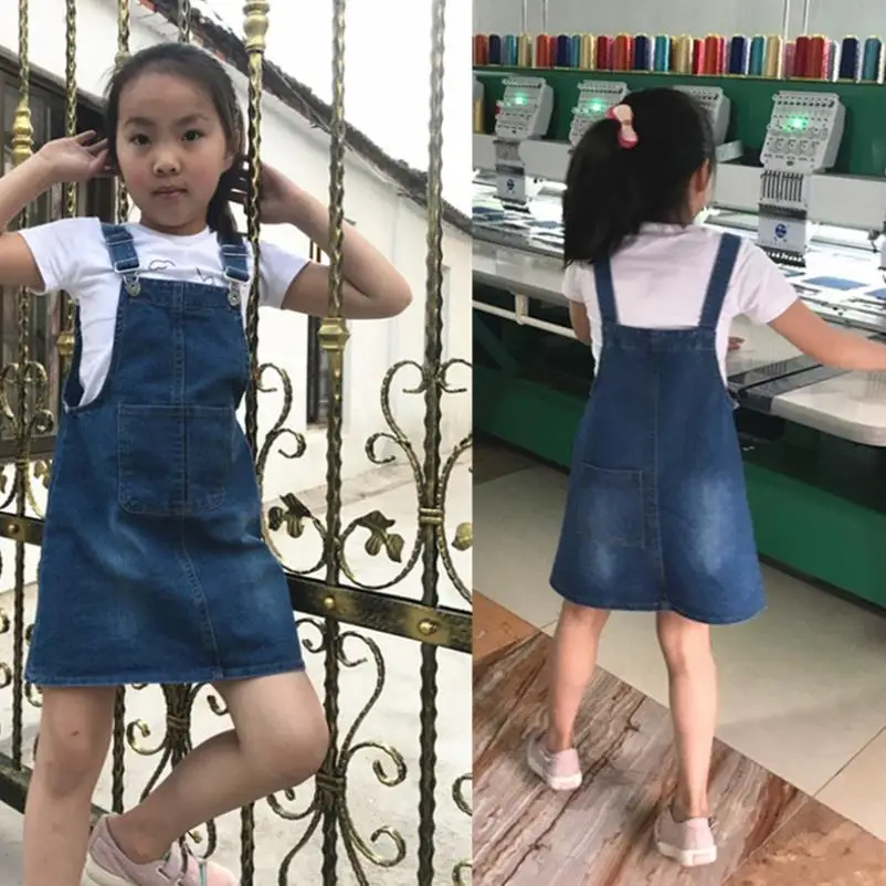 2020 New Girls\' Denim Strap Baby Dress Cotton Toddler Girls Spring Summer Autumn Sleeveless Pocket Front Short Dress 2-10Y