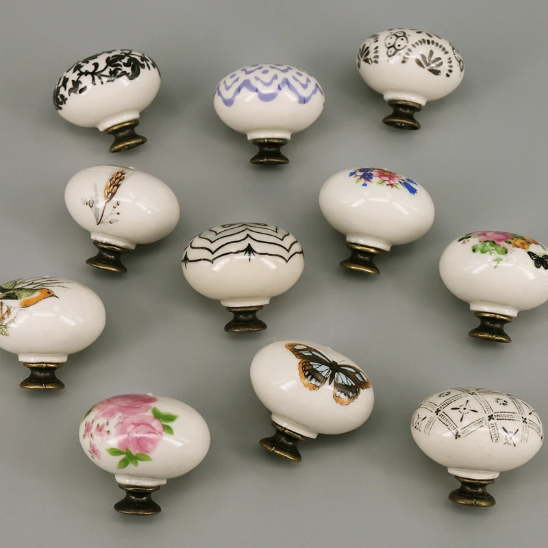 1PC Vintage Furniture handle Printed Ceramic Cabinet Knobs Drawer Pulls Cupboard Wardrobe Door Handle