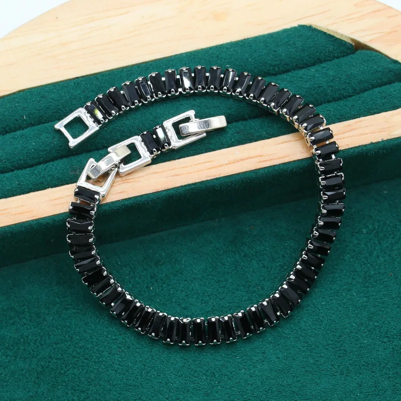 Classic Silver Color Bride Jewelry Set for Women Wedding Black Zircon Bracelet Earrings Necklace Pendant Ring Gift