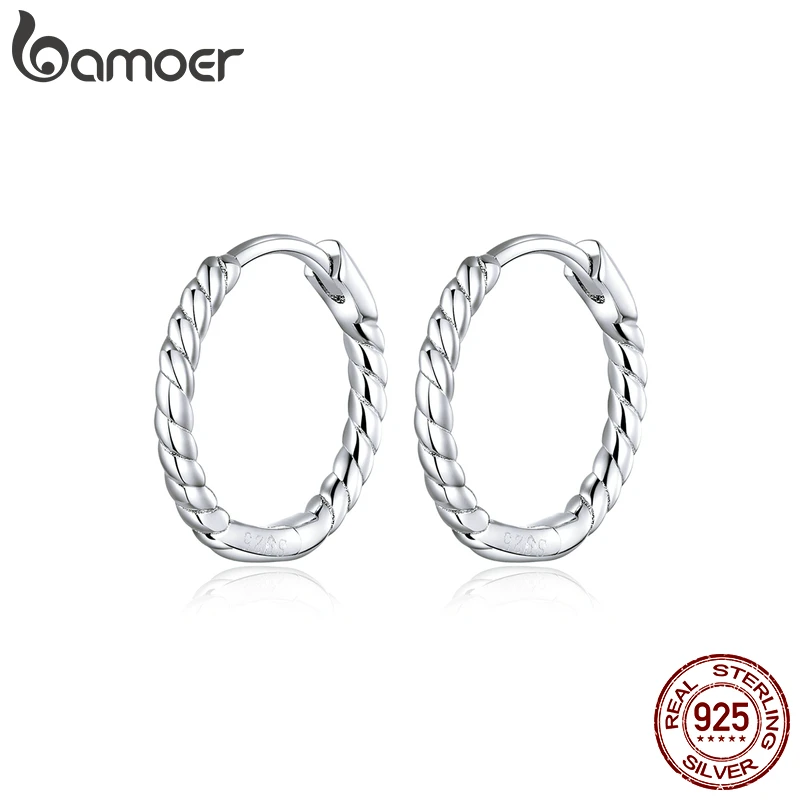 bamoer Minimalist Hoop Earrings for Women 925 Sterling Silver Weaving Geometric Design Fashion Jewelry Bijoux