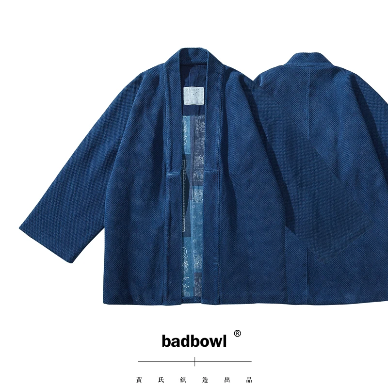 BADBOWL Kimono de planta índigo Retro japonés para hombre, bata de carretera teñida azul, tela pesada Kendo, chaqueta de media manga, cárdigan