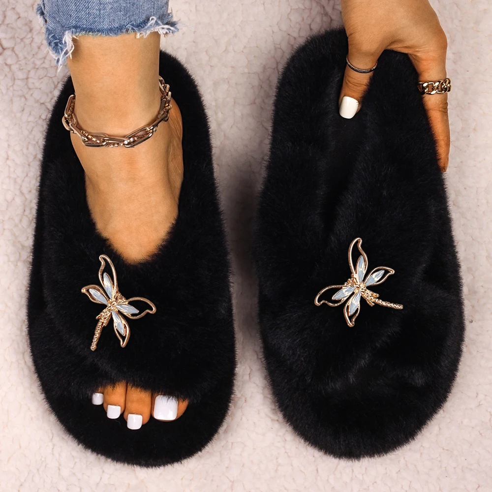 Women's Fluffy Slippers Designer Dragonfly Decor Faux Fur Slides Furry Sandals Ladies Luxury Slippers Female Winter Warm Shoes