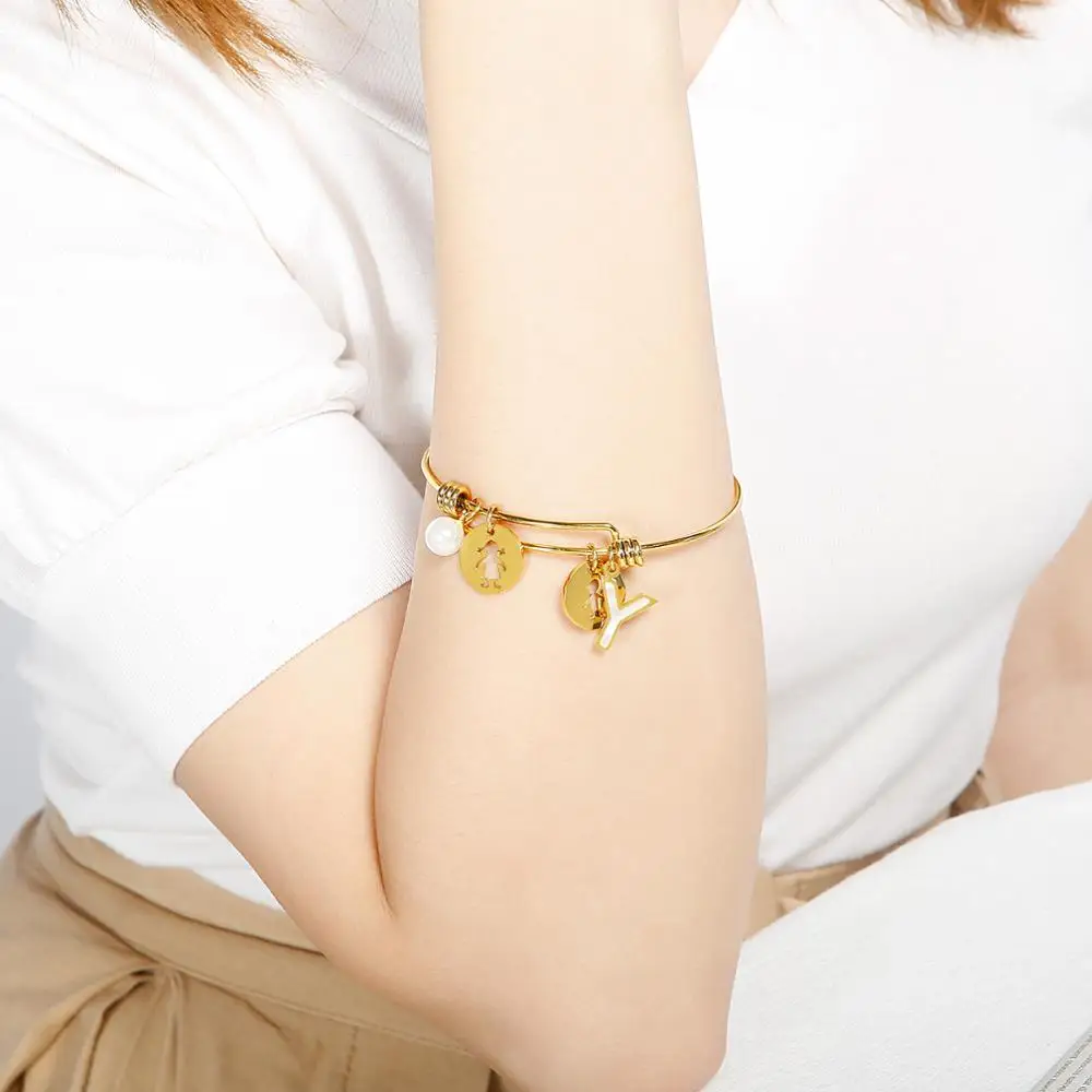 أساور من الفولاذ المقاوم للصدأ مع خرز للأطفال ، 26 حرفًا ، سحر ، هدية عيد ميلاد ، عيد الأم ، للبنات #6