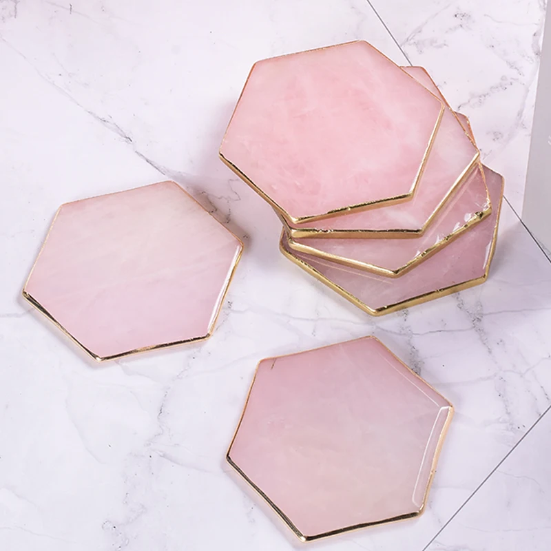 Gold Rim 9 Cm Rose Quartz Pad Hexagon Shape Slice Natural Stone Gems Crafts Coaster Cup Holder Crystal Mat Home Decorative Plate