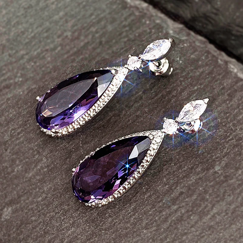 Huitan Unique Purple Cubic Zirconia Earrings for Women Simple and Elegant Female Earrings Engagement Wedding Jewelry Drop Ship