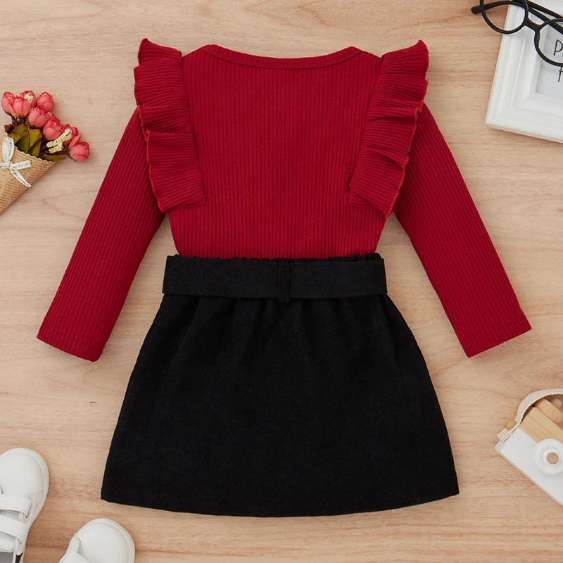 Toddler Baby Girl Fall Winter Clothes Solid Knit Ruffle Pullover Tops Corduroy Mini Skirts Outfits for 1-4 Years Baby Girl