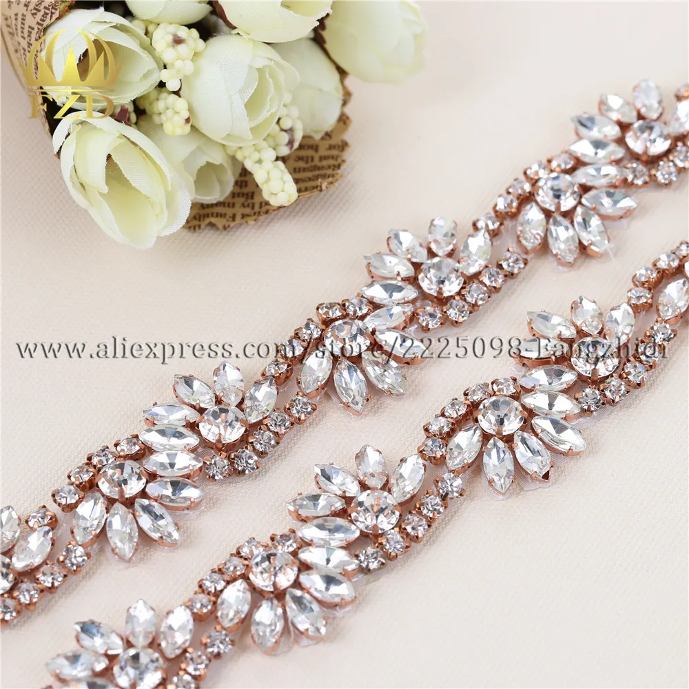 1 Yard Retail Hot Fix Cristal Rose Gold Sliver Iron On Rhinestone Applique for Garment Dresses Bridal Headbands Garters New Item