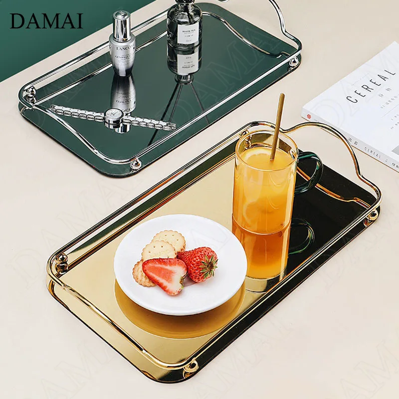 

Nordic Stainless Steel Trays Decorative Metal Mirror Perfume Cosmetic Display Tray Coffee Table Tea Cup Mug Organizer Home Decor