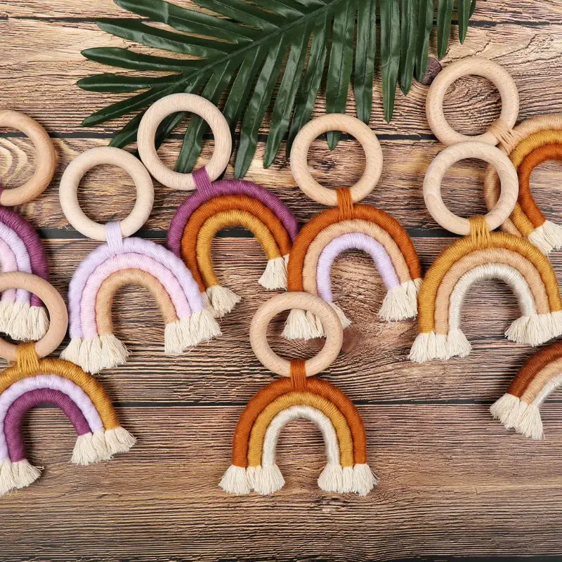

Wooden Baby Teether Rainbow Tassel Macrame Boho Cotton Cord Wood Teething Toy Handmade Gift