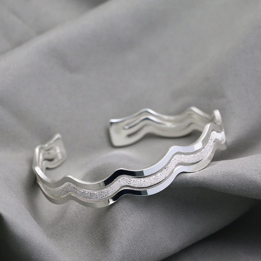 

Genuine 999 Sterling Silver Wavy Bracelet Precious Frosted & Glossy Striped Pure Silver Luxy Jewelry Adjustable Opening Bangles