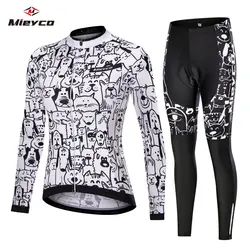 Women White Cartoon Cat Dog Cycling Jersey Set Mountain Bike Uniforms Long Sleeve Cycling Wear Bicycle Clothing Cycling Clothing