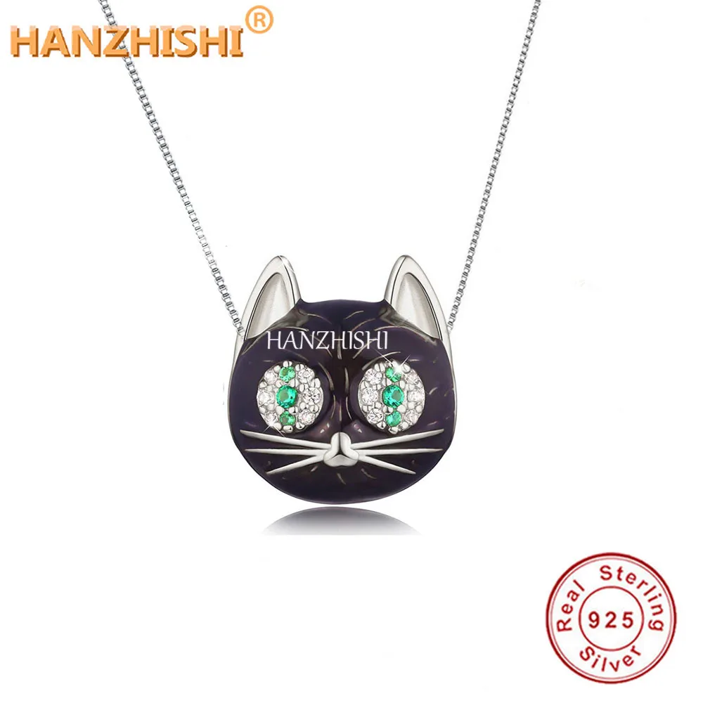 925 Sterling Silver Black Cat with Green Eye Pendant Necklace Jewellery Anniversary Birthday Mum Wife Girlfriend Child Gifts