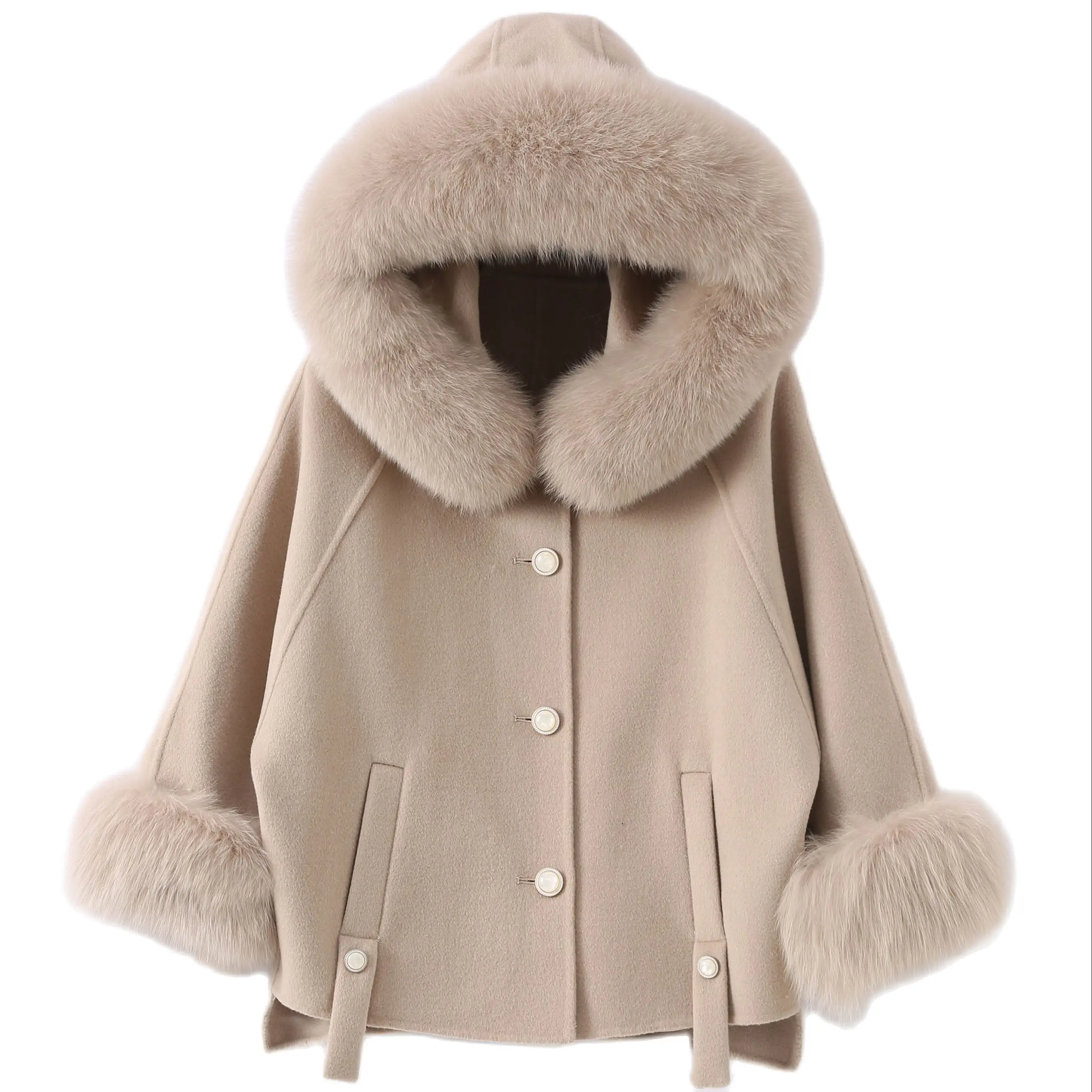 

Pudi Women Winter Real Fox Fur Coat Jacket 2021 Female Lady Over Size Hood Wool Blends Parka Trench Z21160