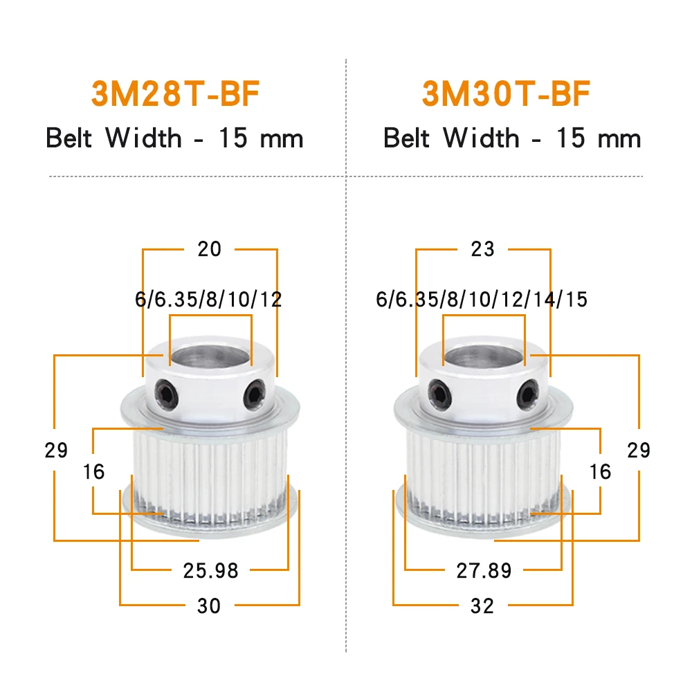 3M-28T/30T Belt Pulley Bore Size 5/6/6.35/8/10/12/14/15/16/17 mm Alloy Wheels Teeth Pitch 3.0 mm For Width 15 mm 3M Timing Belt