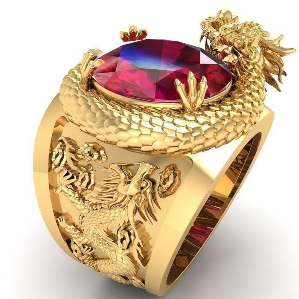 Huitan-anillos de lujo con diseño de dragón para hombre, joyas con incrustaciones de piedras Rojas ovaladas grandes, anillos de dedo de fiesta de boda Noble, joyería de moda